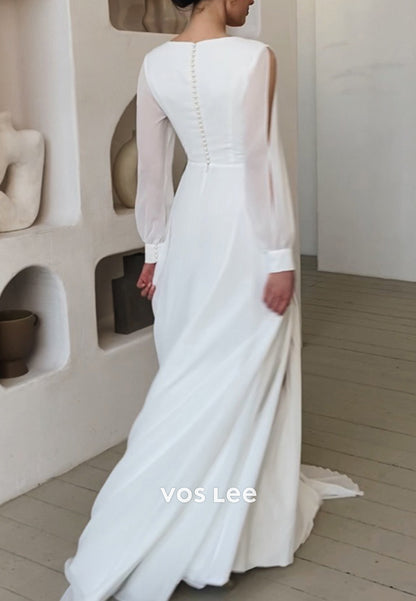 A-Line Long Sleeve V Neck Satin Wedding Dresses with Side Split