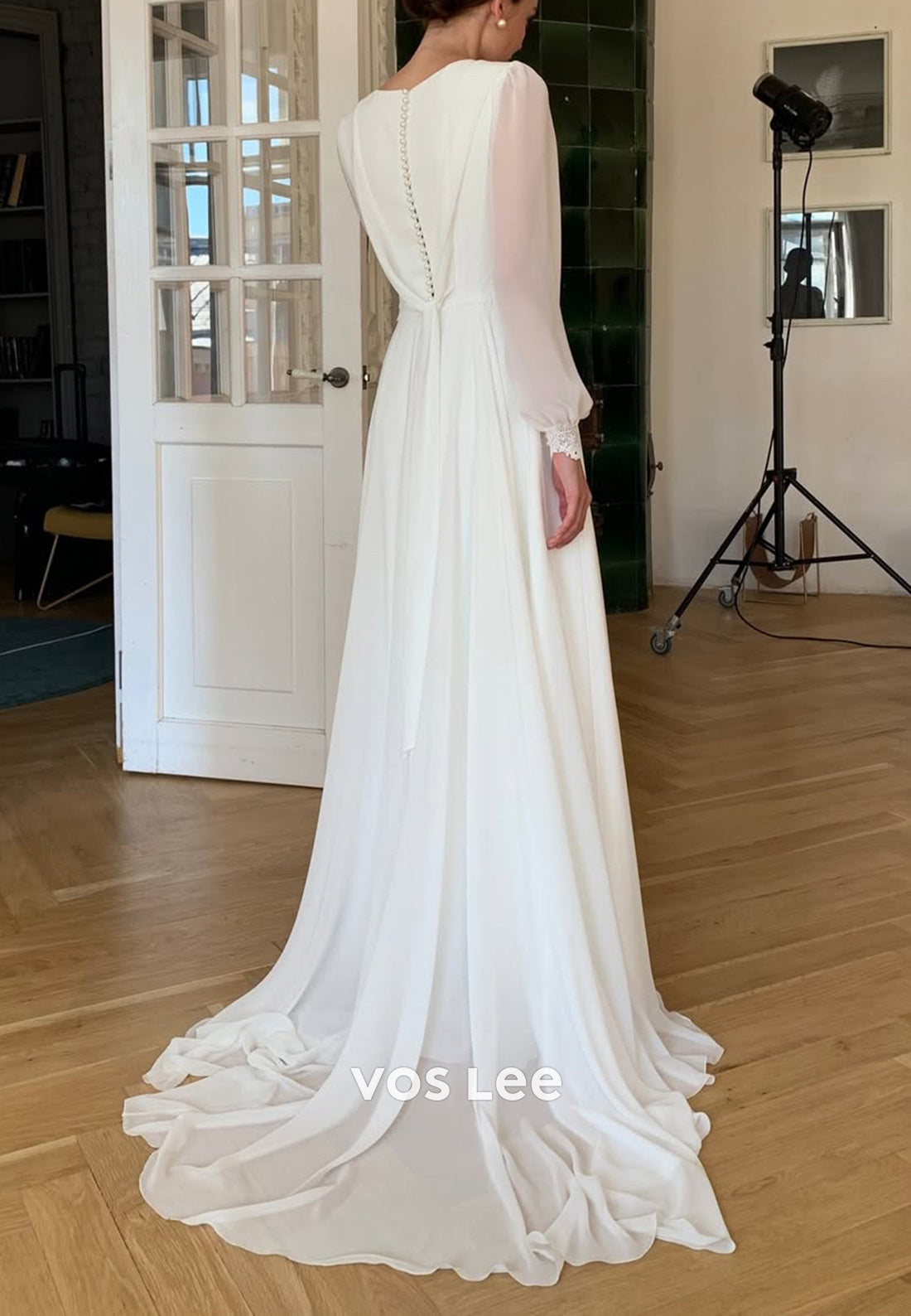Long Sleeve Scoop Satin Pleated Wedding Dresses with Sweep Train