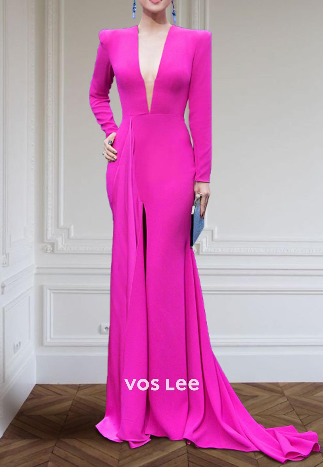 Glamorous & Dramatic A-Line Low V-Neck Pleated Evening Dress with High Slit