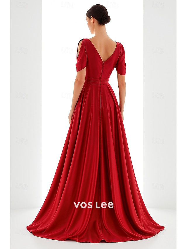 V-Neck A-Line Gown – Cold Shoulder Formal Dress with Sash Belt