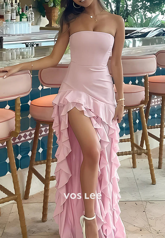 Elegant & Luxurious Strapless Pleated Floor-Length Prom Dresses with Side Split
