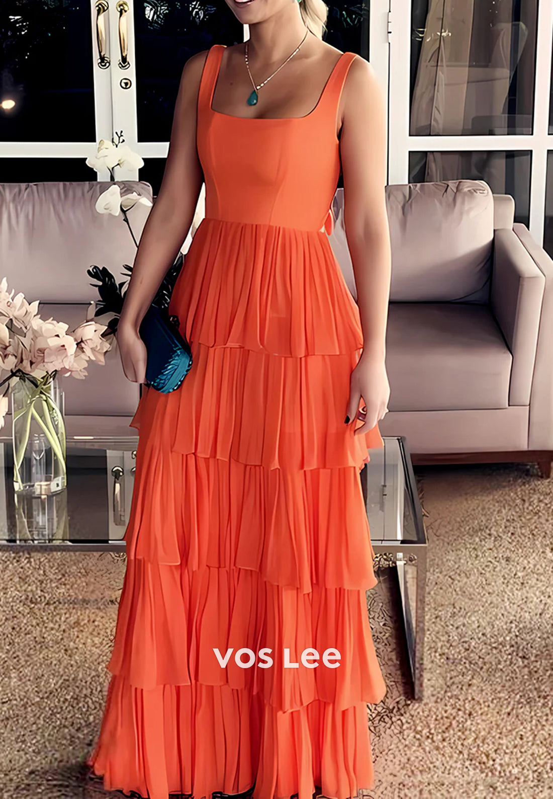 Simple & Casual A-Line Scoop Pleated Floor-Length Bowknot Tiered Prom Dresses