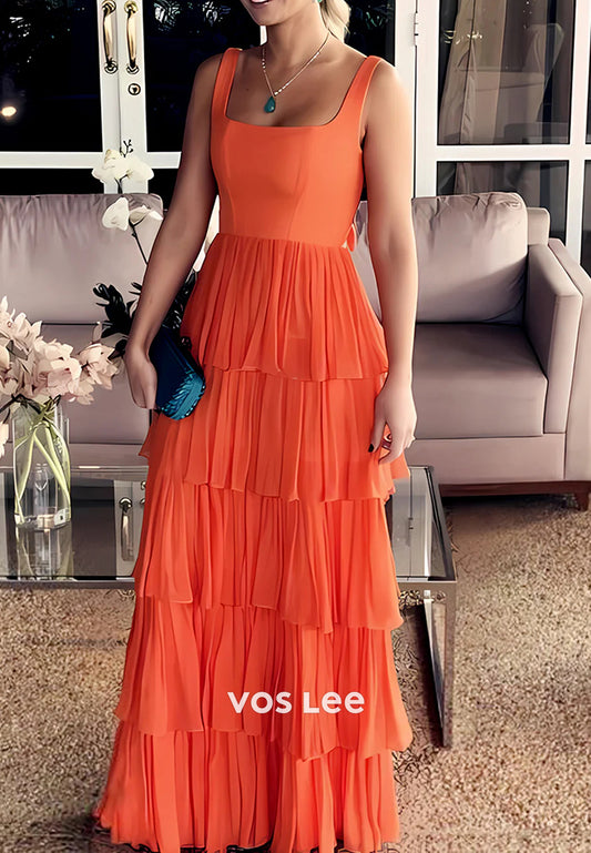 Simple & Casual A-Line Scoop Pleated Floor-Length Bowknot Tiered Prom Dresses