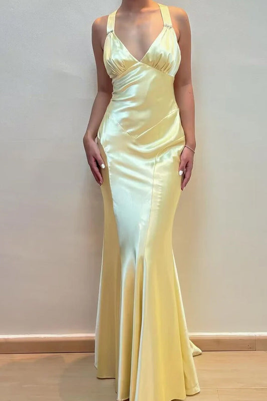 Simple Sheath V Neck Yellow Long Prom Dress with Open Back