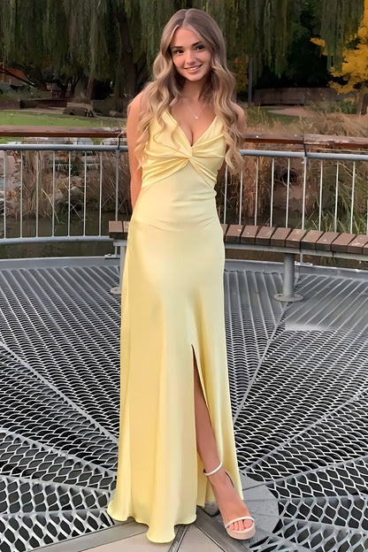 Chic A Line Spaghetti Straps Yellow Long Party Dress with Split Front