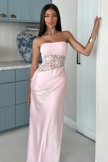 Stylish Sheath Strapless Pink Long Prom Dress with Lace