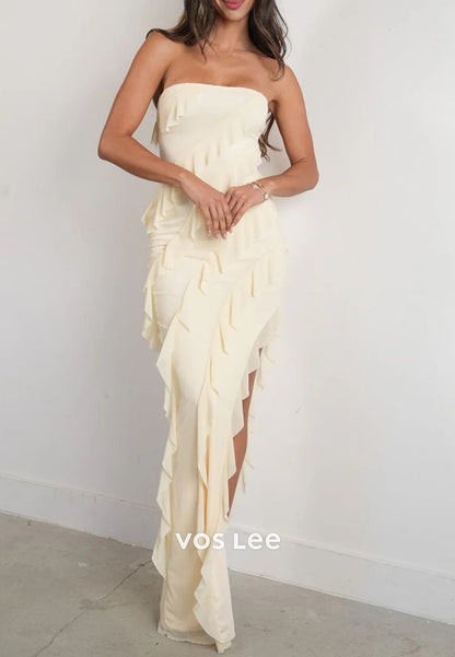 Gorgeous & Charming Strapless Floor-Length Sheath Prom Dresses with Side Split