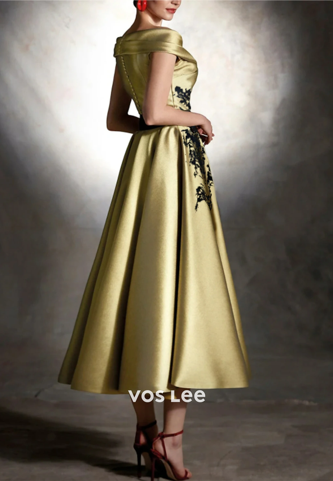Elegant Off-Shoulder Floral Embellished Midi Dresses Evening Dress with belt