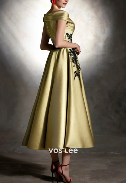 Elegant Off-Shoulder Floral Embellished Midi Dresses Evening Dress with belt