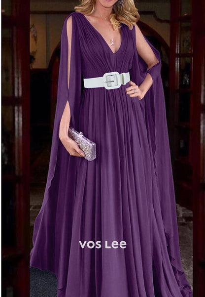 Gorgeous & Charming  A-Line Low V-Neck Pleated Tulle Party Evening Dress with belt