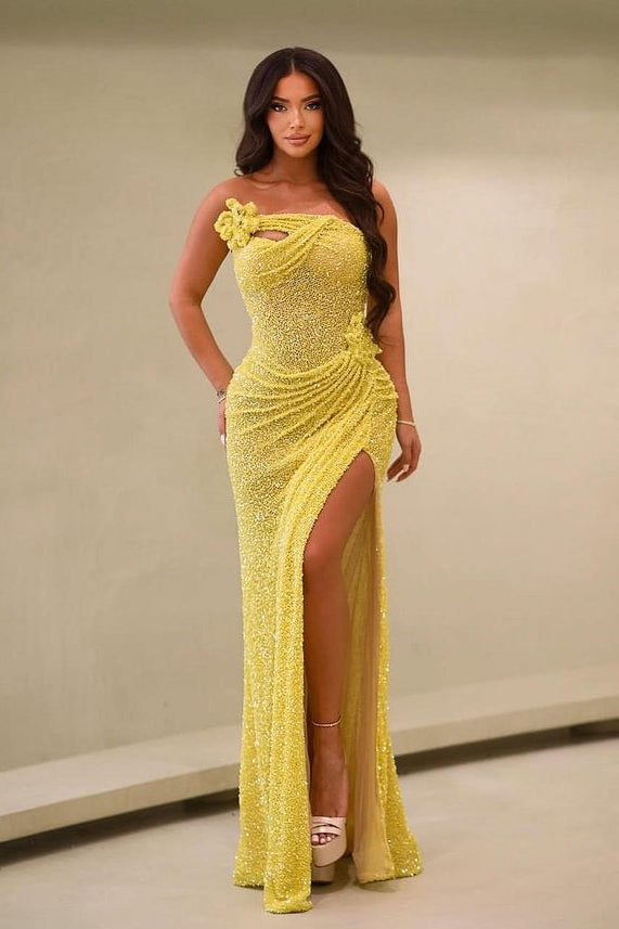 Pretty Strapless Prom Dresses Sheath Side Slit Sequins With Flower Pleats