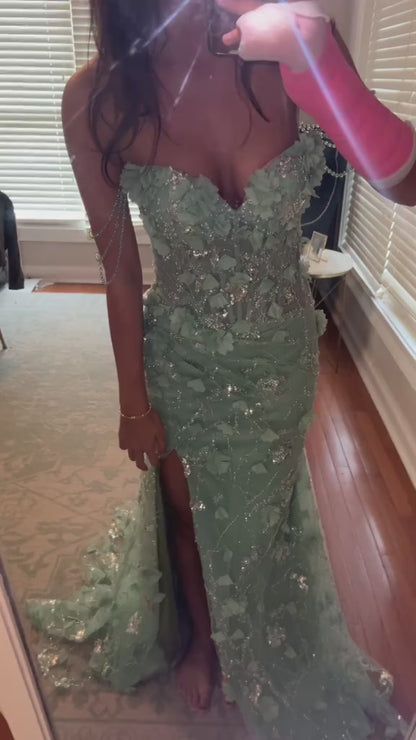 Graceful Sheath Off Shoulder Beaded Sequins Sweep Train Tulle Prom Birthday Dress