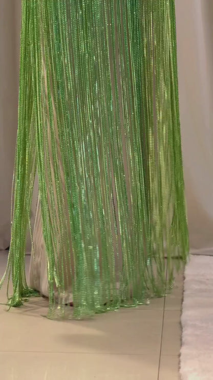 Green Strapless Scoop Beaded Rhinestone Fringe Sheath Prom Dresses