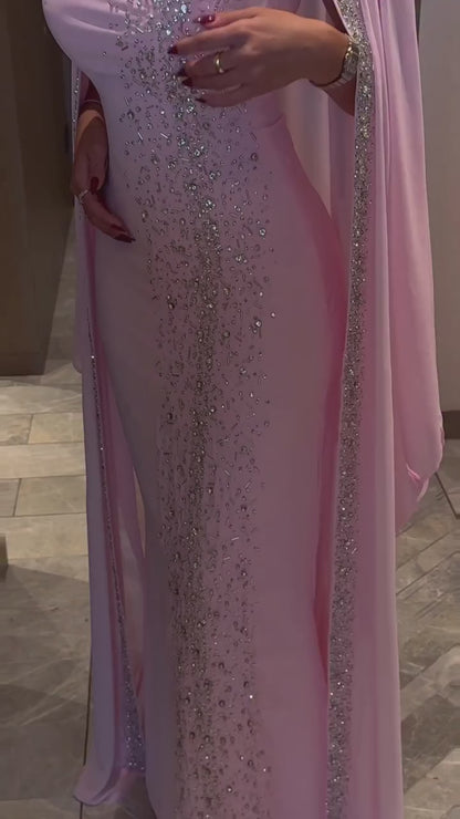 Sparkle & Shine Pink Beaded Rhinestone Floor-Length Mermaid Evening Dresses