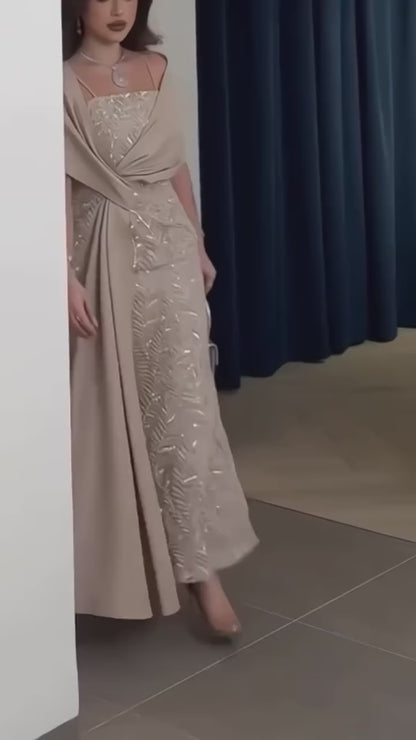 Elegant Sequin Evening Gown | Draped Capelet Formal Dress with Slit