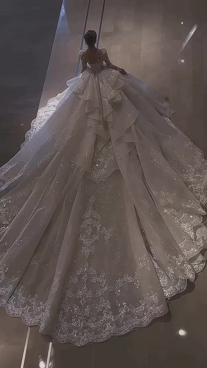 A-Line Long Sleeve High Neck Appliques Lace Wedding Dresses with Cathedral Train