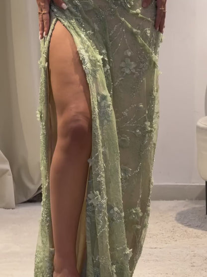Green Halter Appliques Lace Pleated Mermaid Prom Dresses with Side Split