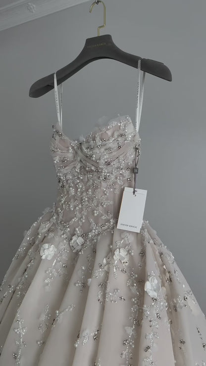 A-Line Strapless Tulle Sequins Pleated Wedding Dresses with Court Train