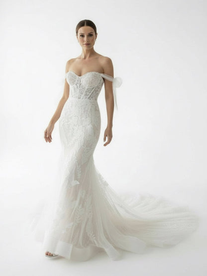 Princess Mermaid Off the Shoulder Lace Appliques Wedding Dresses