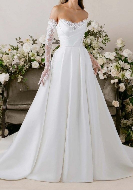 Off-the-Shoulder Satin Ball Gown with Lace Trim & Detachable Gloves