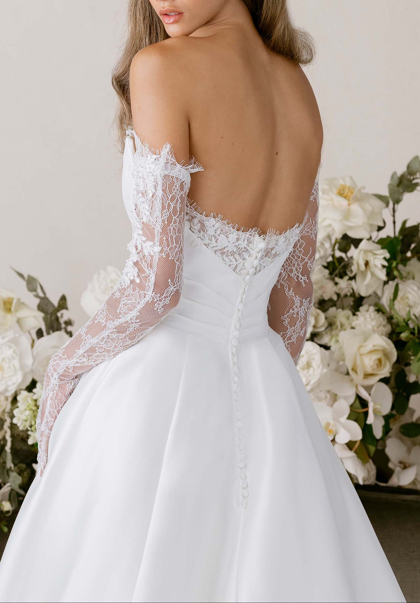 Off-the-Shoulder Satin Ball Gown with Lace Trim & Detachable Gloves