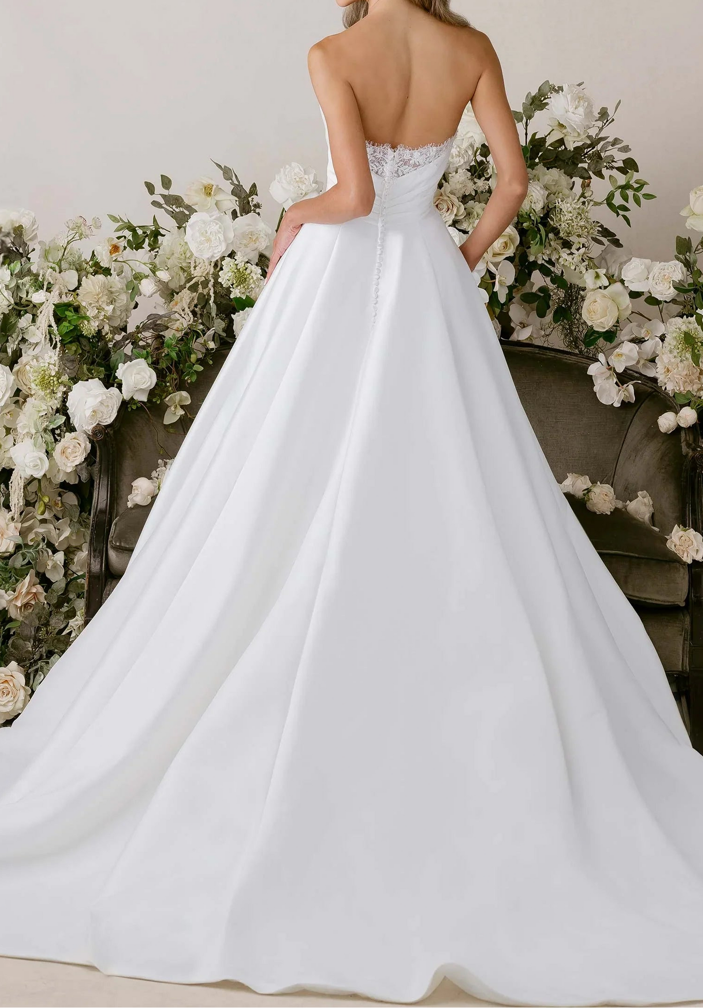 Off-the-Shoulder Satin Ball Gown with Lace Trim & Detachable Gloves