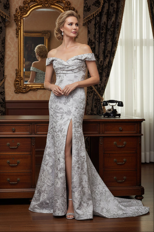Off The Shoulder Brocade Mermaid Evening Gown