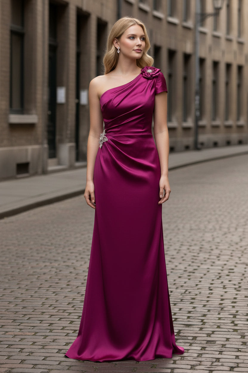Elegant One Shoulder Satin Evening Gown | Formal Mother of the Bride Dress