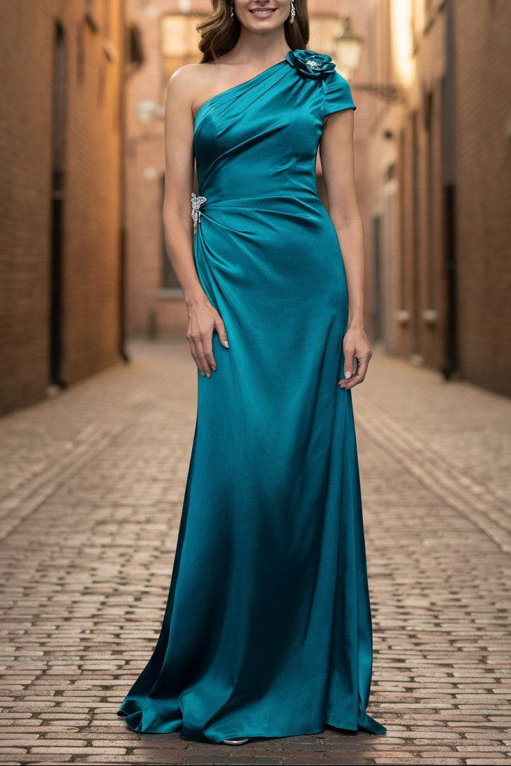 Elegant One Shoulder Satin Evening Gown | Formal Mother of the Bride Dress