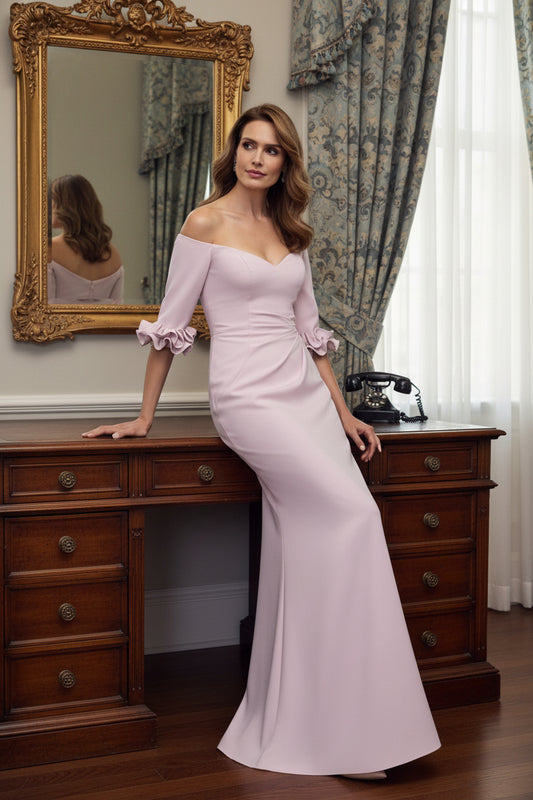 Off The Shoulder Crepe Fit and Flare Evening Gown with Petal Cuffs