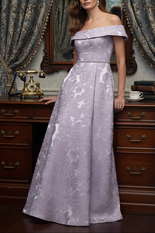 Strapless Fold Over Neckline Floral Brocade Evening Gown
