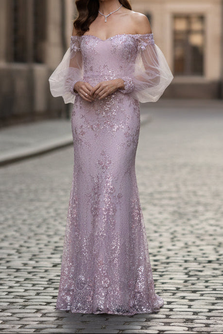 Beaded Lace over Tulle Fit and Flare Evening Gown with Bishop Sleeves