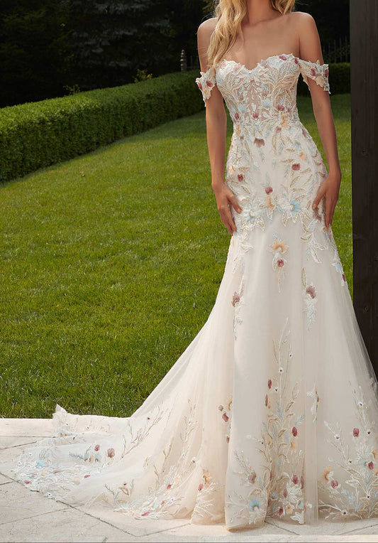 Off-the-Shoulder Sweetheart Neckline 3D Floral Embellished Mermaid Wedding Dress with Chapel Train