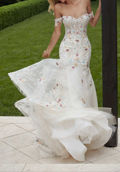 Off-the-Shoulder Sweetheart Neckline 3D Floral Embellished Mermaid Wedding Dress with Chapel Train