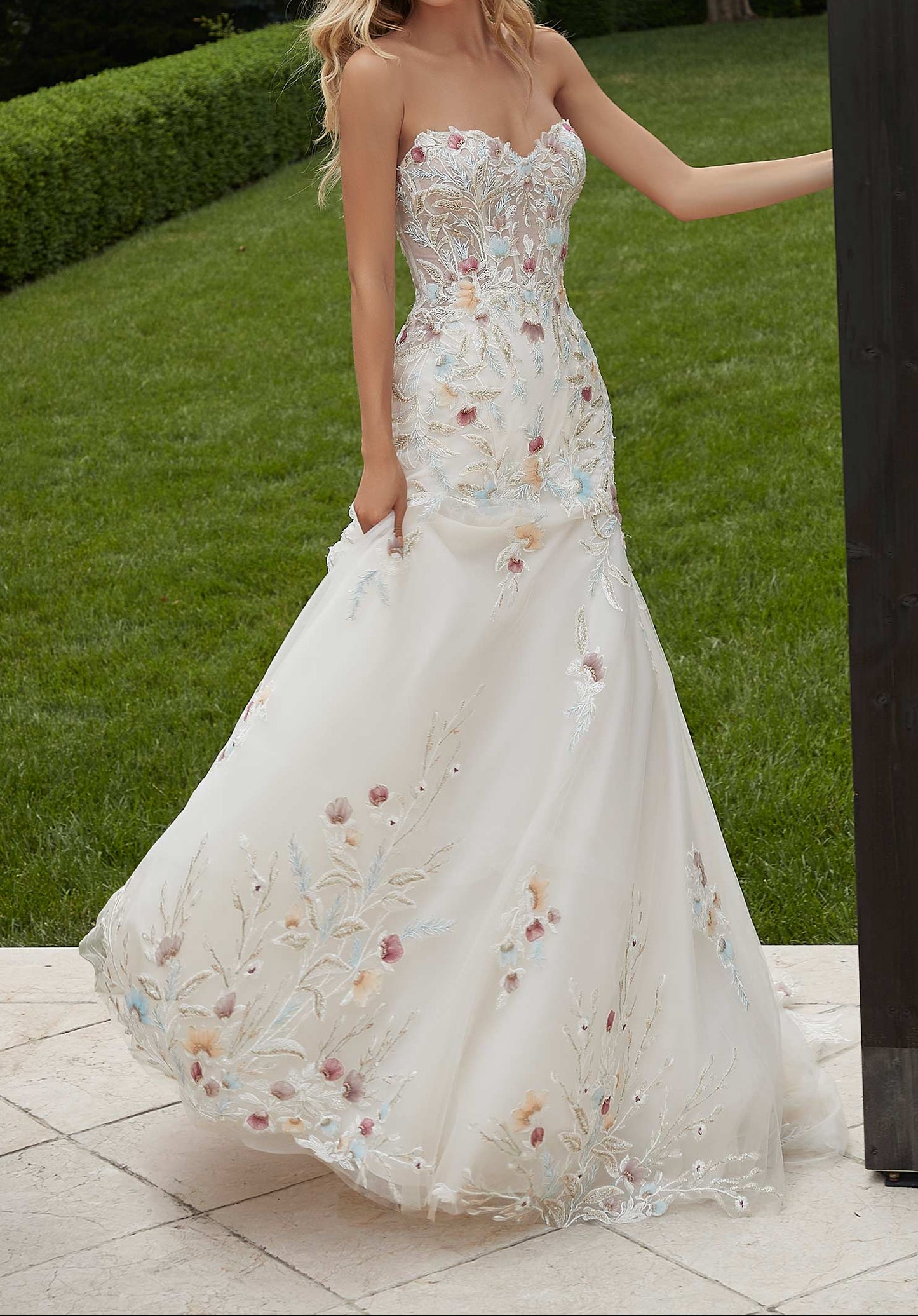 Off-the-Shoulder Sweetheart Neckline 3D Floral Embellished Mermaid Wedding Dress with Chapel Train