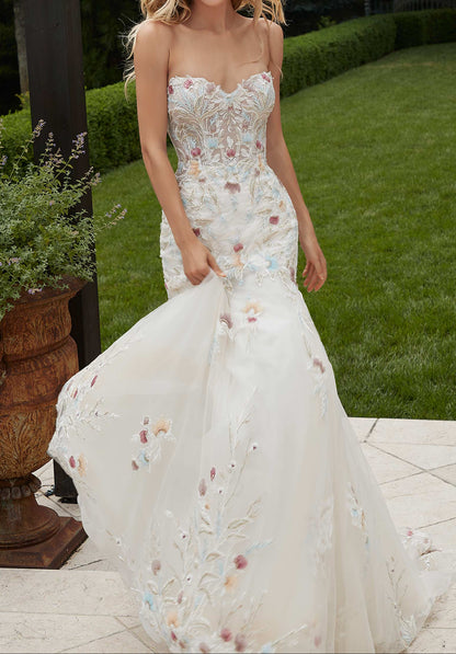 Off-the-Shoulder Sweetheart Neckline 3D Floral Embellished Mermaid Wedding Dress with Chapel Train