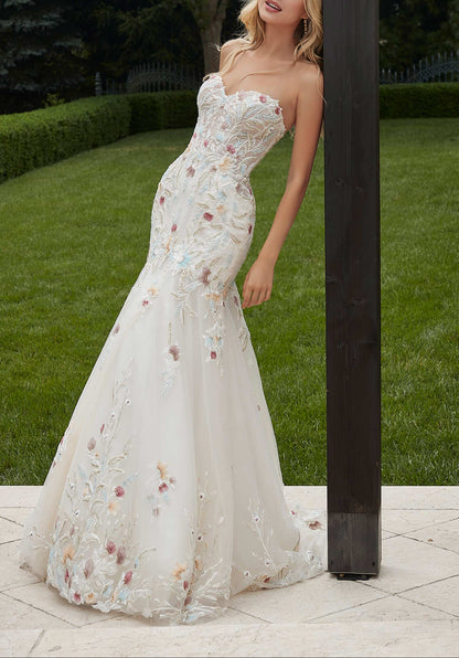 Off-the-Shoulder Sweetheart Neckline 3D Floral Embellished Mermaid Wedding Dress with Chapel Train
