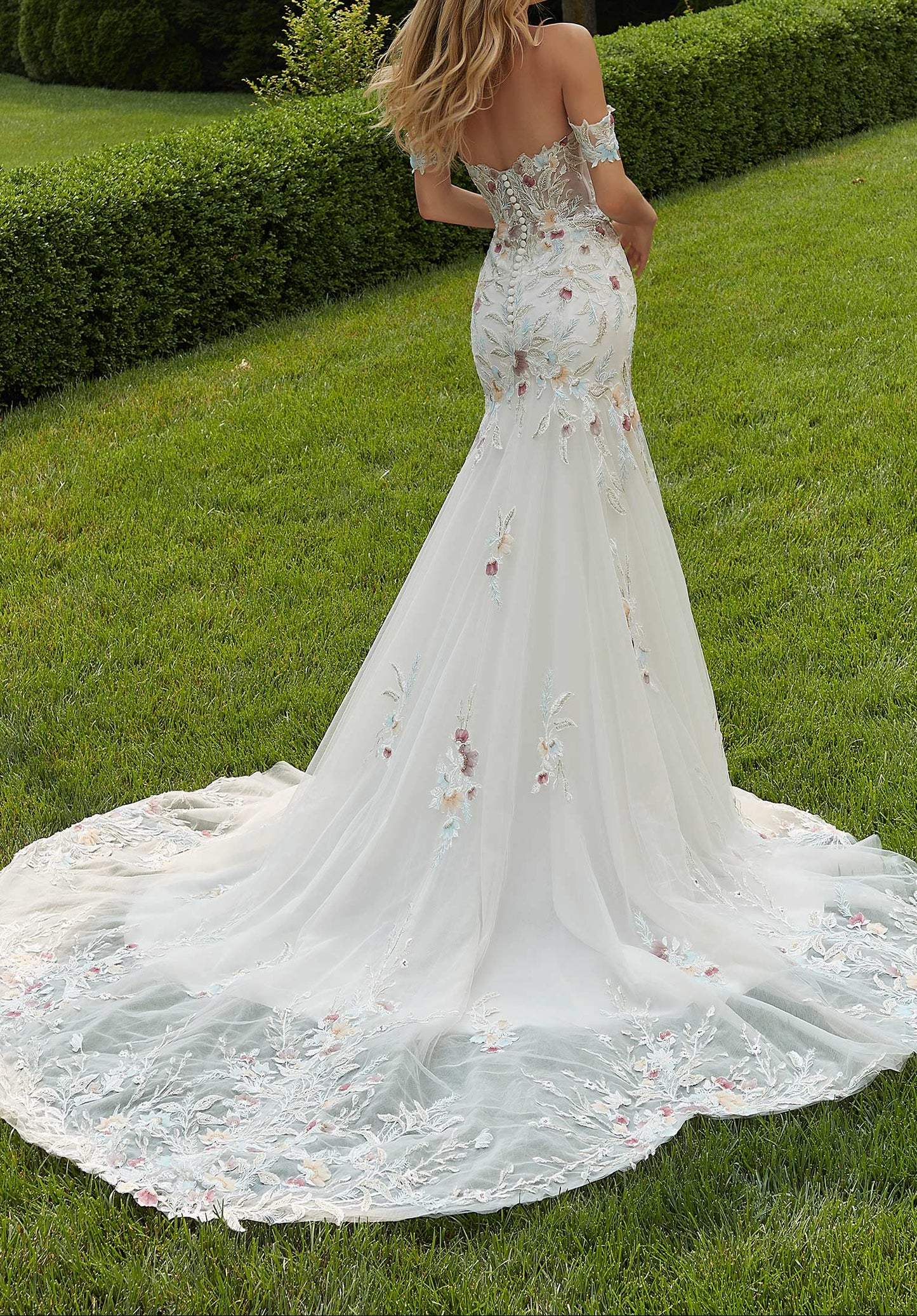 Off-the-Shoulder Sweetheart Neckline 3D Floral Embellished Mermaid Wedding Dress with Chapel Train