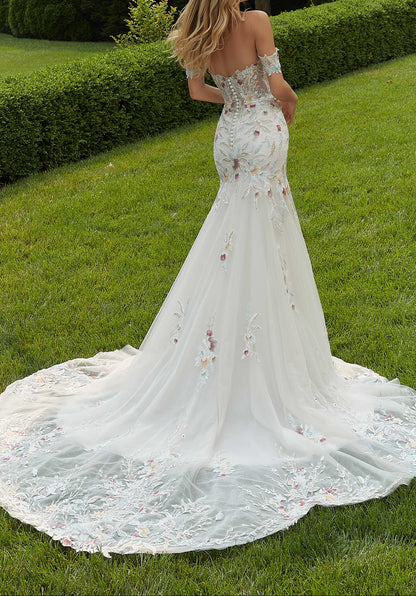 Off-the-Shoulder Sweetheart Neckline 3D Floral Embellished Mermaid Wedding Dress with Chapel Train