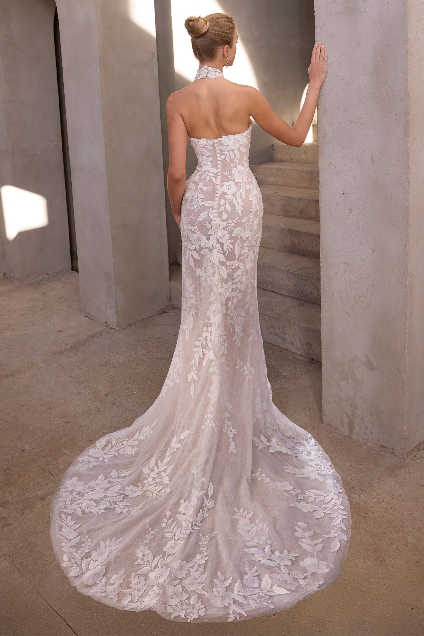 High Neck 3D Lace Illusion Wedding Dress with Detachable Bell Sleeves & High Slit