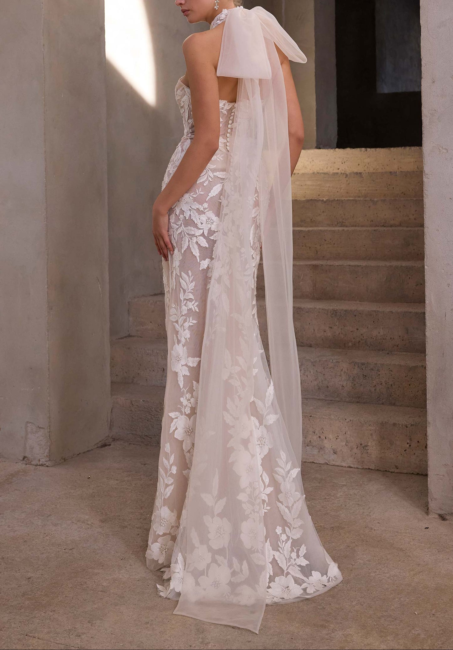 High Neck 3D Lace Illusion Wedding Dress with Detachable Bell Sleeves & High Slit