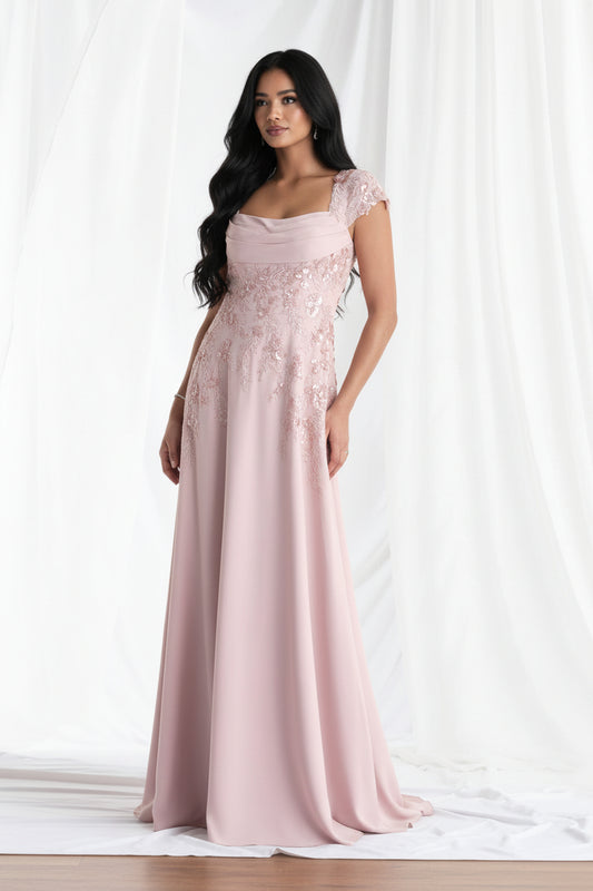 Beaded Appliqué Crepe A-Line Evening Gown