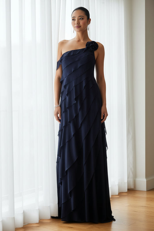Tiered Chiffon One Shoulder Evening Gown