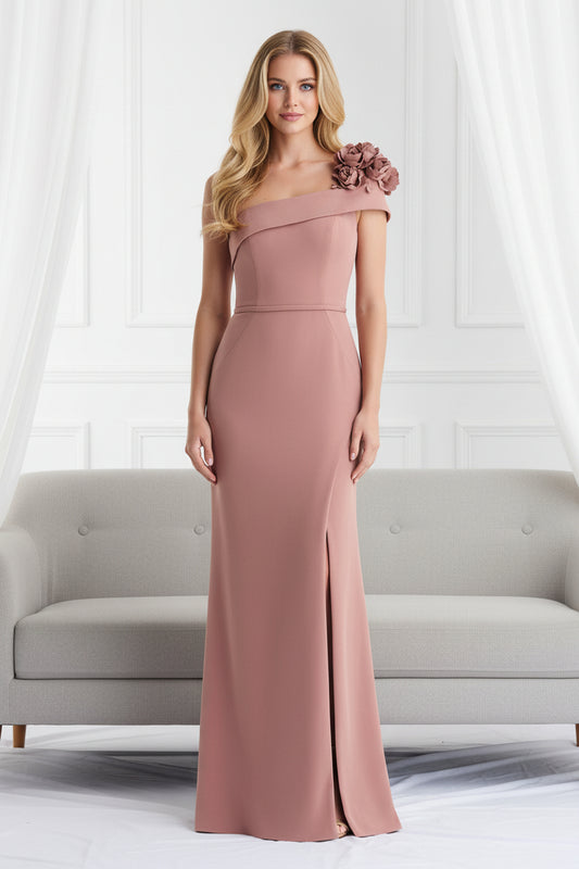 One Shoulder Fit and Flare Evening Gown with Three Dimensional Floral Applique