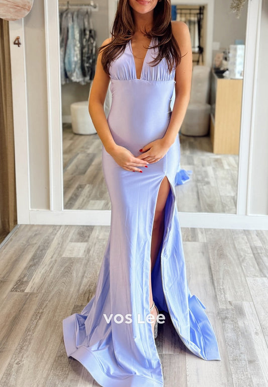 Simple & Casual Halter V Neck Pleated Mermaid Long Prom Dresses with High Split