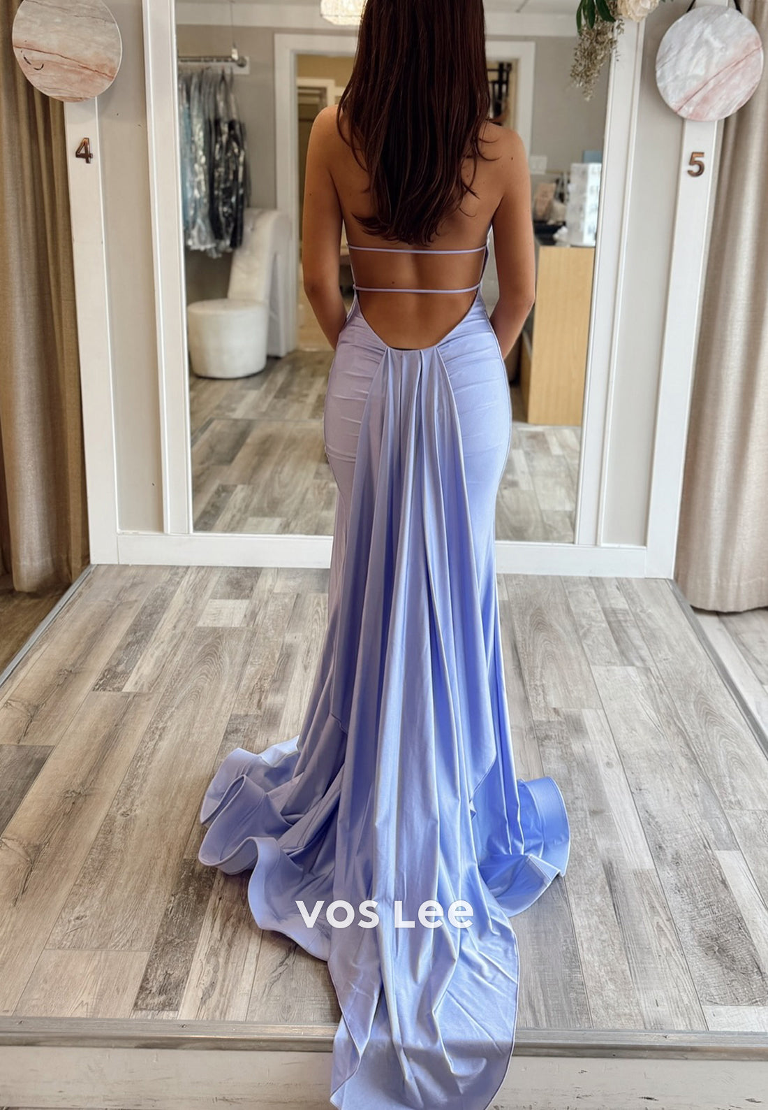 Simple & Casual Halter V Neck Pleated Mermaid Long Prom Dresses with High Split