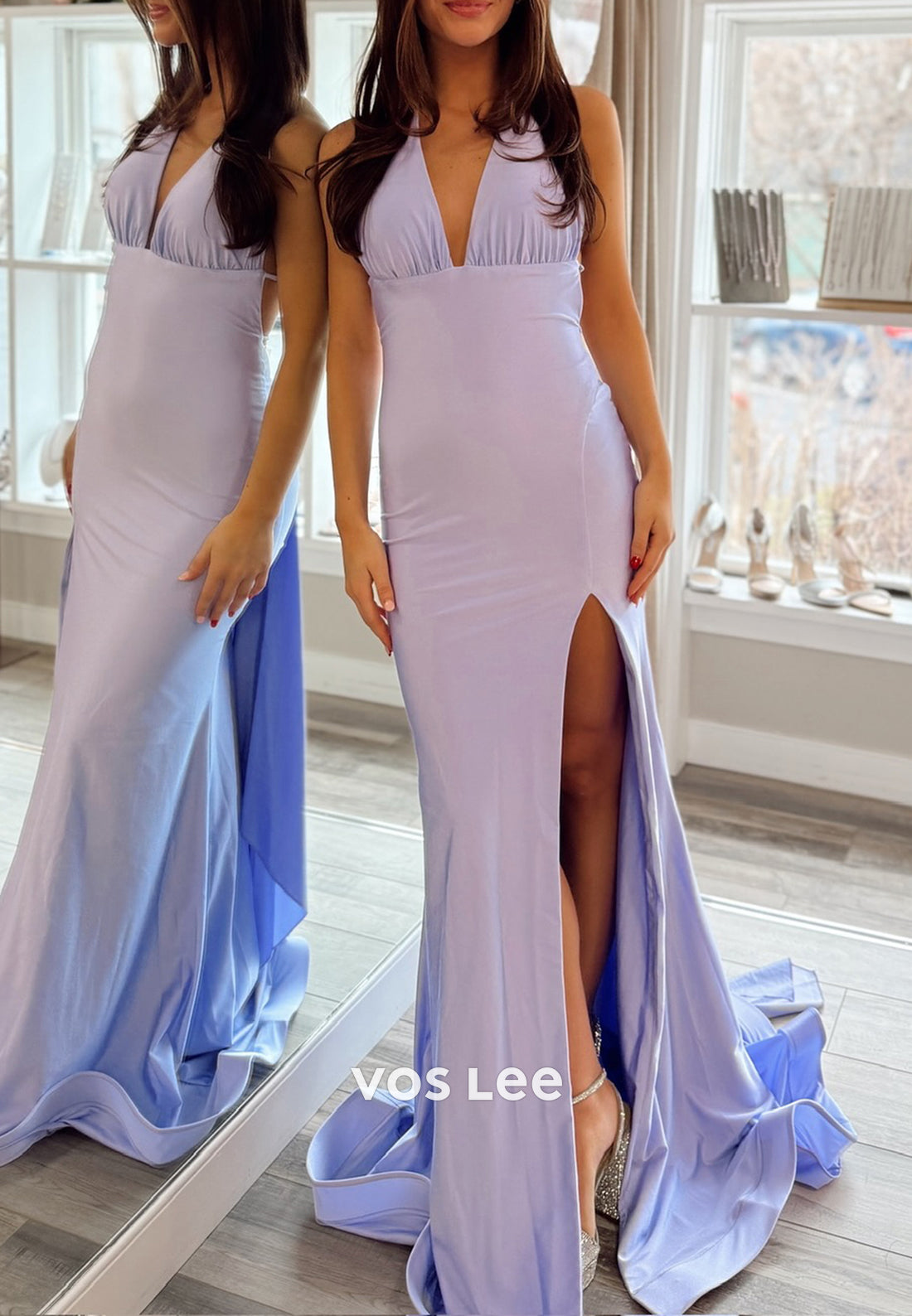 Simple & Casual Halter V Neck Pleated Mermaid Long Prom Dresses with High Split
