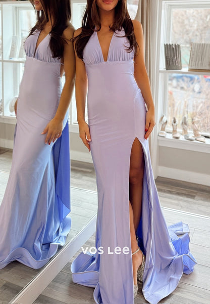 Simple & Casual Halter V Neck Pleated Mermaid Long Prom Dresses with High Split