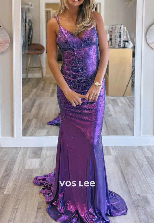 Gorgeous & Charming Spaghetti Straps Pleated Mermaid Prom Dresses with Sweep Train