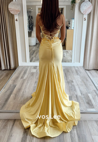Yellow Sweetheart Long Floral Appliqués Sheath Dress